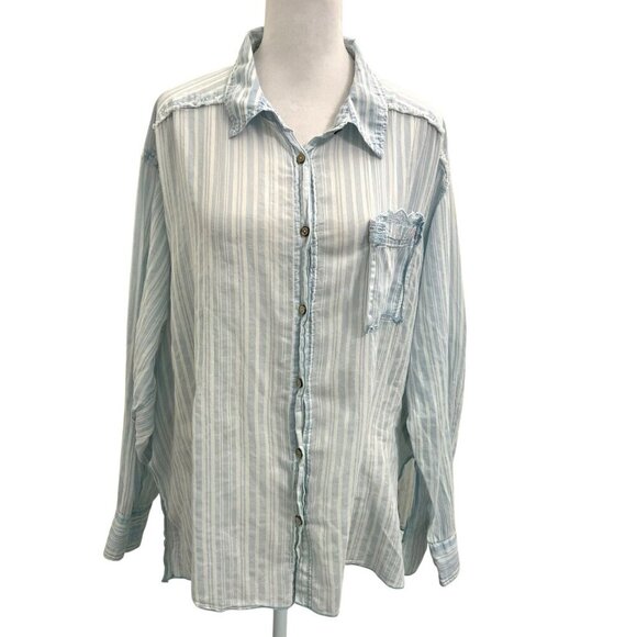 Free People Western Relaxed Oversized Stripe Button Front Shirt size XS - Picture 1 of 8
